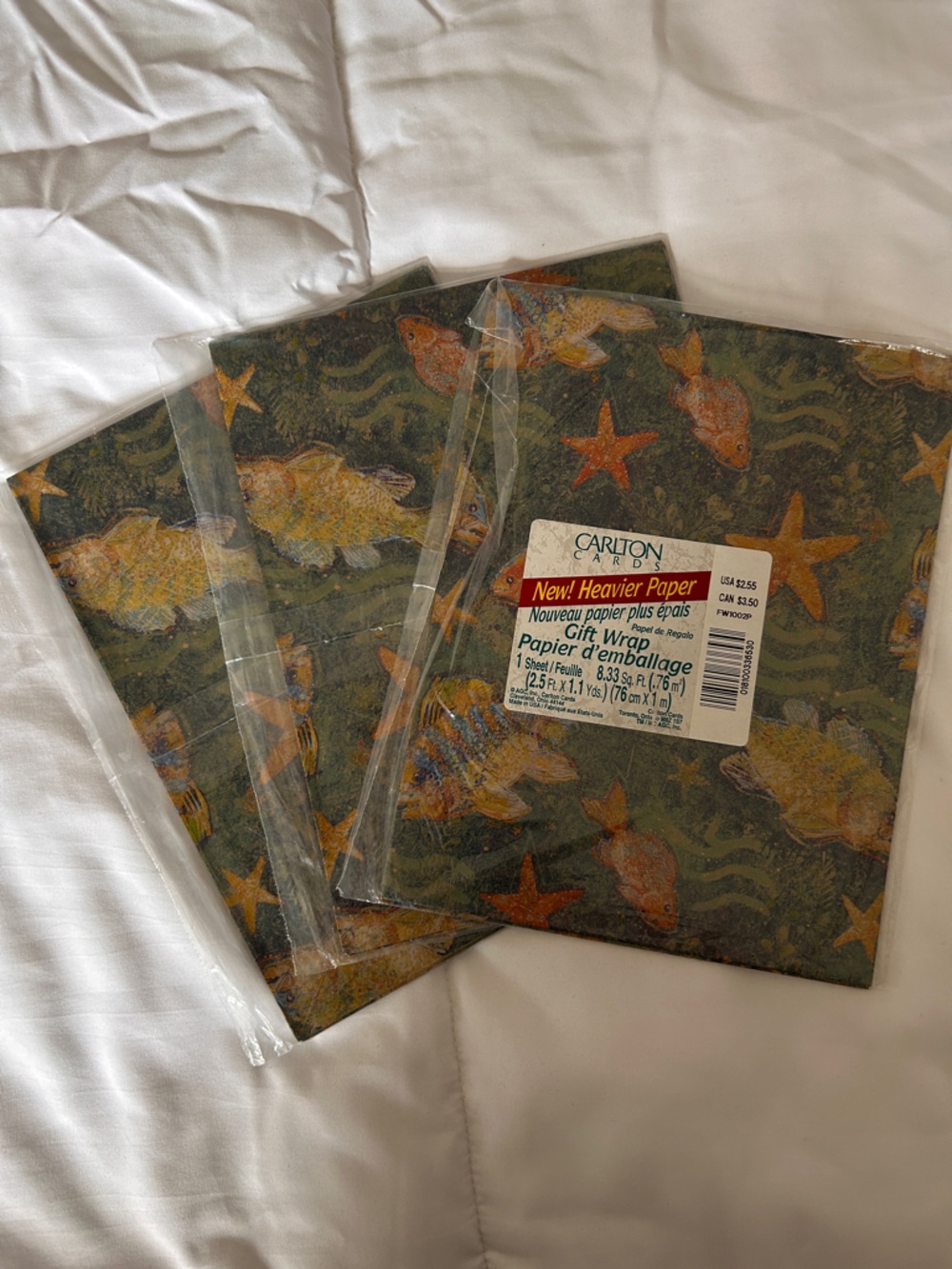 Carlton Cards Gift Wrap Paper Fish & Starfish Design - Olive Green (3 Sheets)